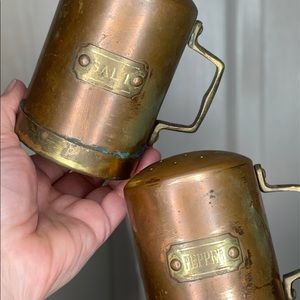 Vintage copper and brass salt & pepper shakers. Retro rustic cottagecore style